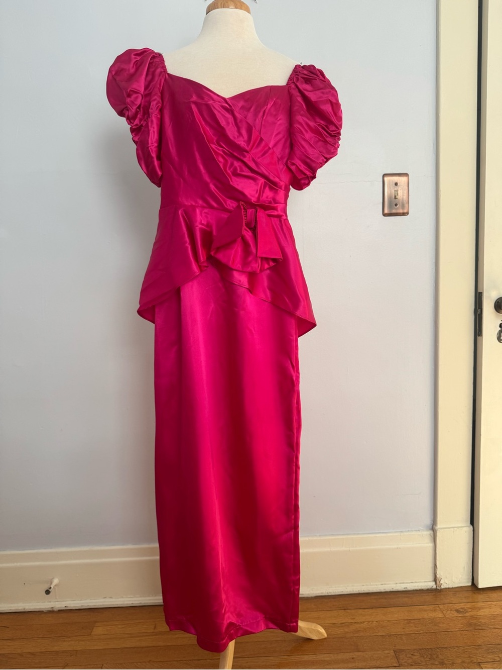 Fuchsia Satin Puff Sleeve Peplum Gown